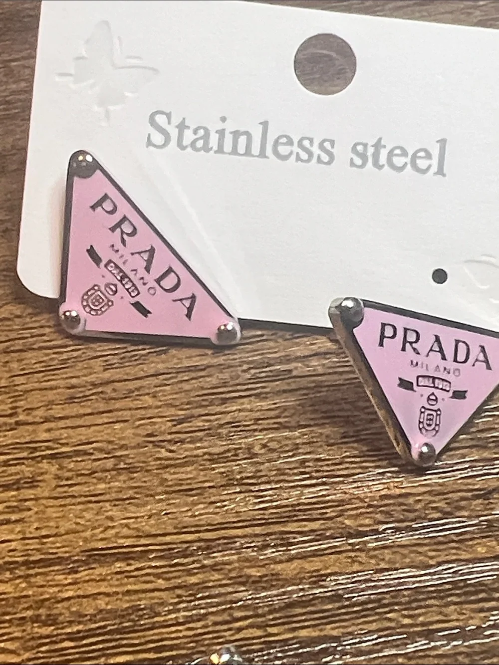 Up Cycled Pink Triangle Logo Stainless Steel Drop Earrings